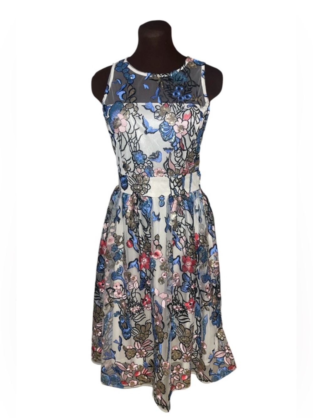 Vintage NEIMAN MARCUS Floral Sequin Party Cocktail Swing Sheer Overlay Dress